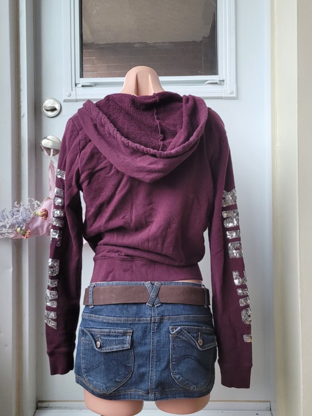 Pink Burgundy Spangle Slim Crop Hoodie - Picture 2 of 6